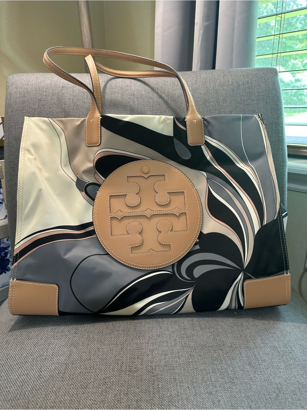 Tory Burch Multicolor Swirl Logo Tote with Tan Trim